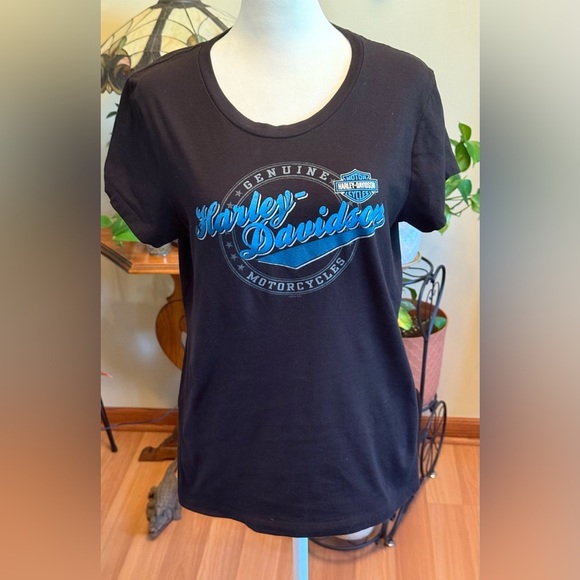 Harley Davidson Bert’s Black Widow Blue print on Black Tee Size Large - Picture 1 of 14